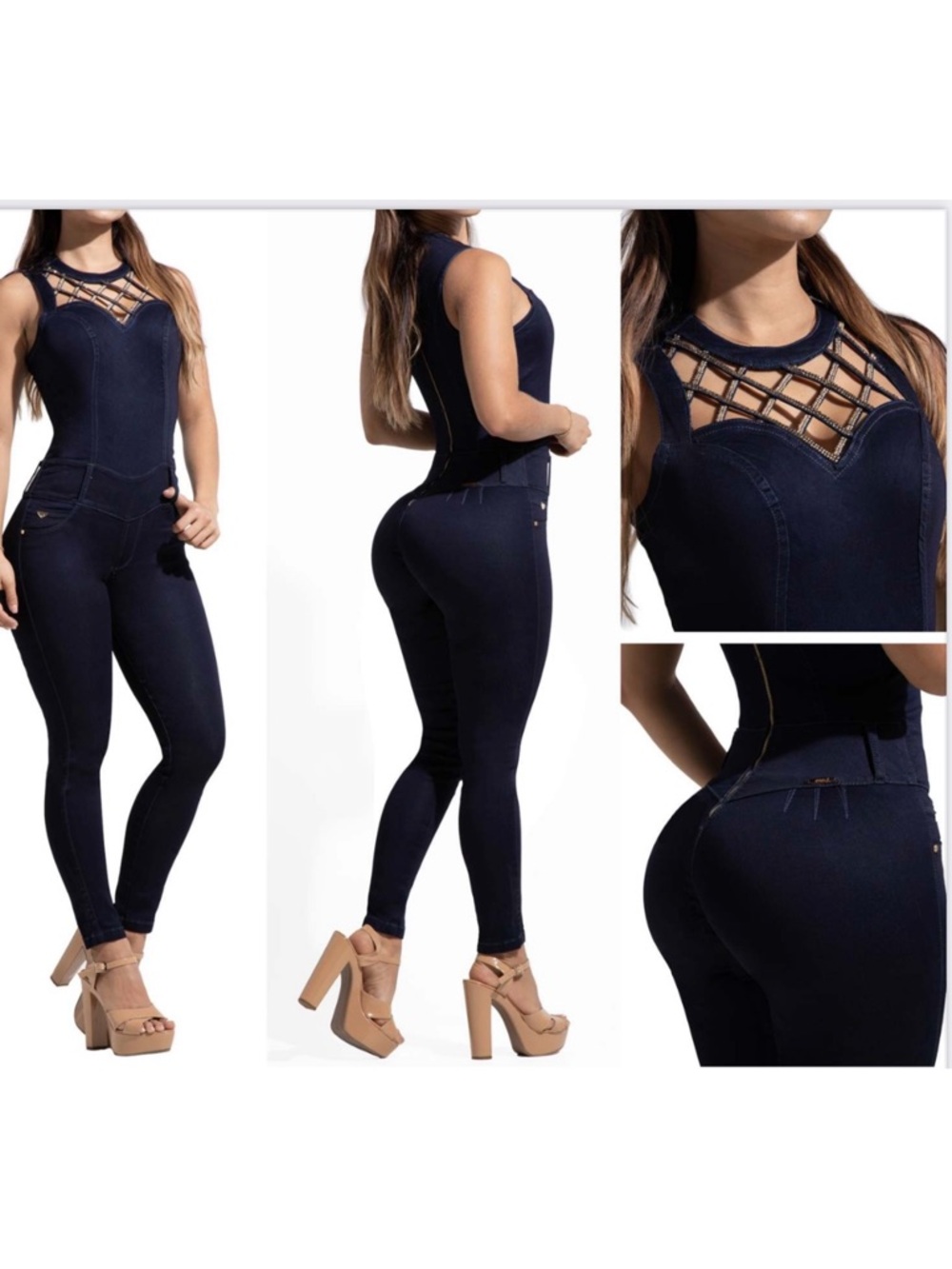 Colombian jumpsuit Sleeveless Navy Jumpsuit with Lattice Neckline